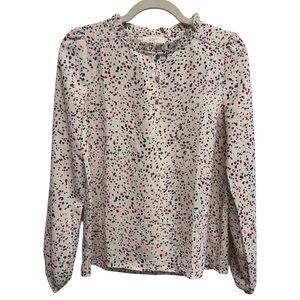 LOFT Cream Multi Color Print Blouse with Ruffled Neckline and Full Sleeves